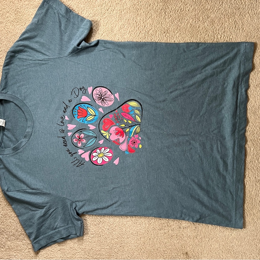 Girls' Teal Floral Paw Print Tee